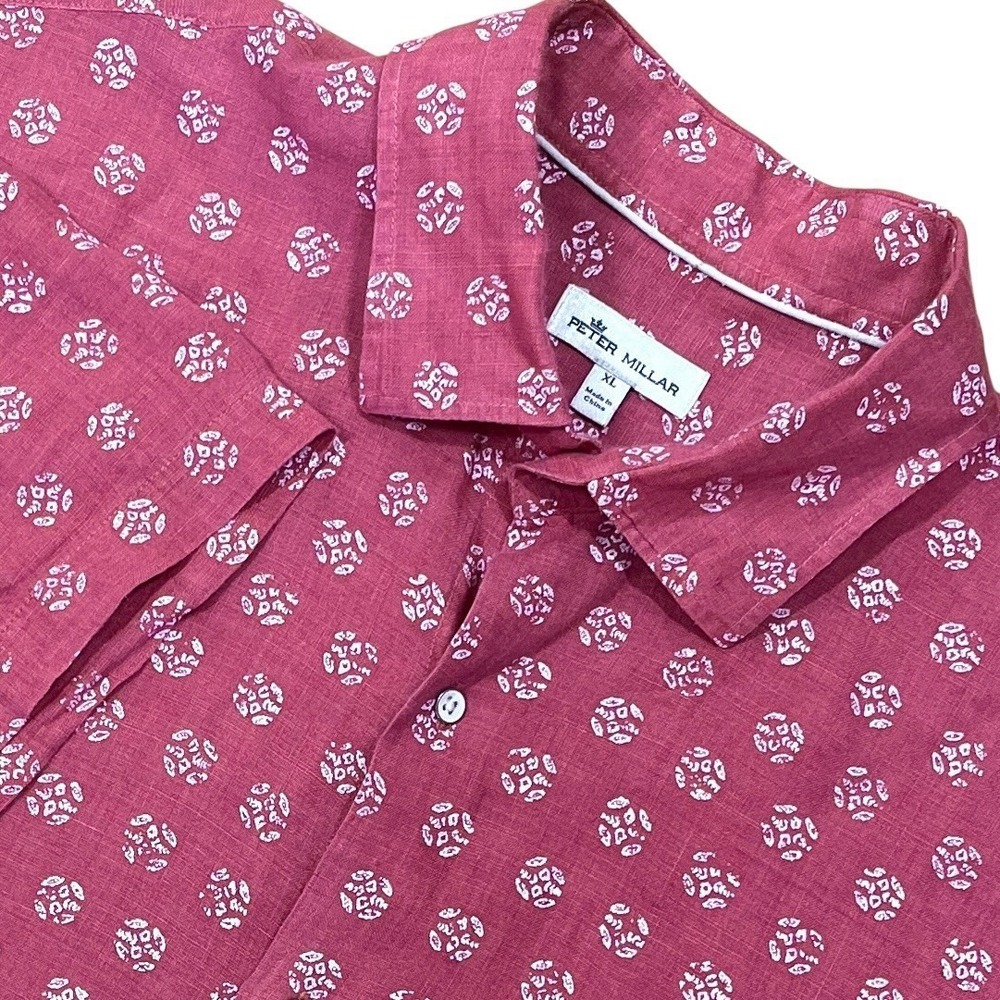 Peter Millar 100% Linen Batik‎ Shirt Mens XL Faded Red Short Sleeve Button Up